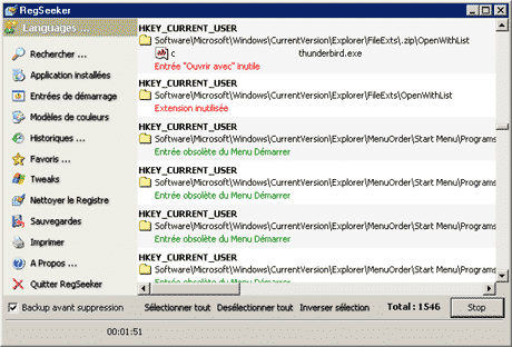 Nettoyage de la base de registre avec RegSeeker