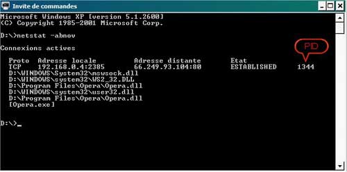 netstat -abnov affiche les connexions TCP actives ainsi que le programme qui utilise la connexion et ses dll