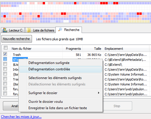 Recherche de fichiers � d�fragmenter