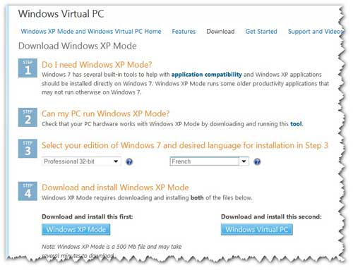 Télécharger Windows Mode XP et Virtual PC