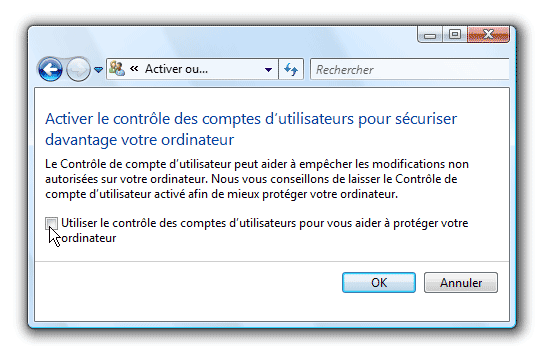 Activation du contr�le des utilisateurs