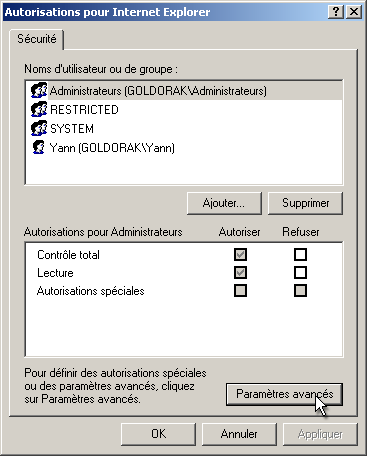 Autorisations pour IE