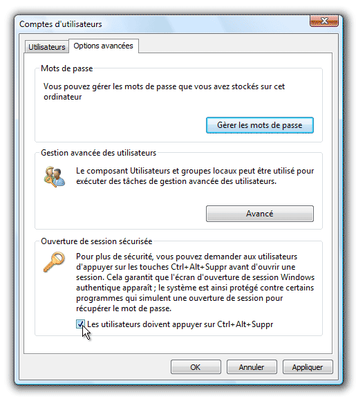 Options avanc�es des comptes d'utilisateurs Vista