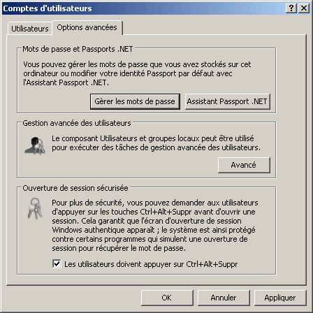 Options avanc�es des comptes d'utilisateurs XP et 2000