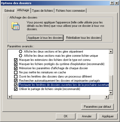 Affichage des options des dossiers avec XP