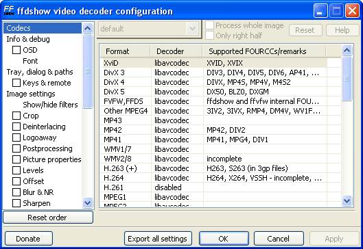 Panneau de configuration de ffdshow