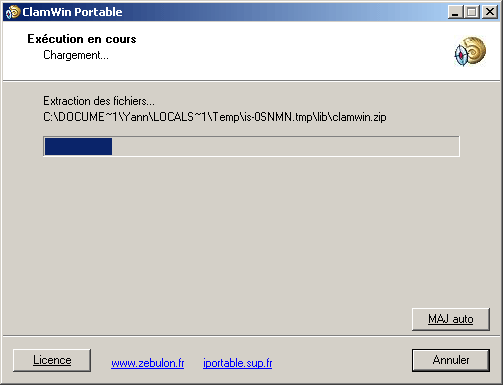 Décompression des fichiers temporaires de l'antivirus ClamWin Portable