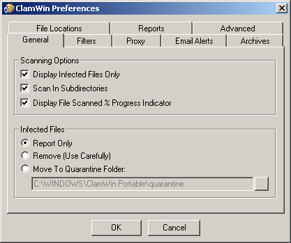 Préférences de l'antivirus ClamWin Portable
