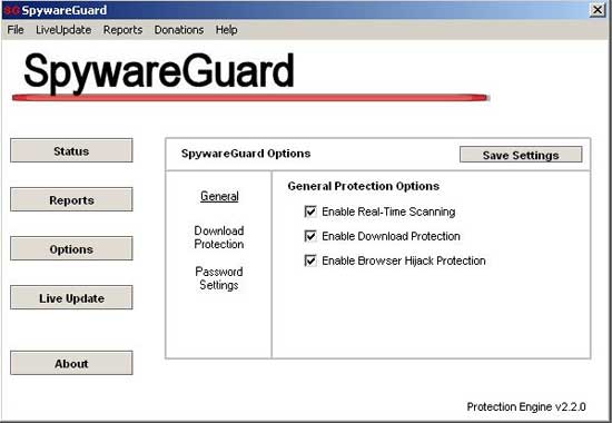 Onglet General de SpywareGuard