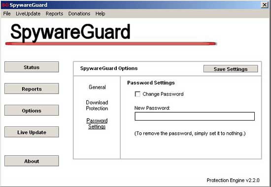 Onglet Password Settings de SpywareGuard