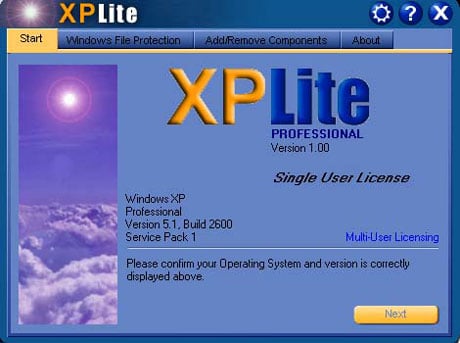 Ecran d'accueil de XPLite