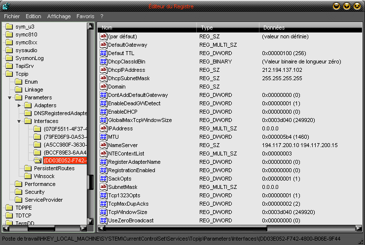 Paramètres de votre interface réseau dans la base de registre