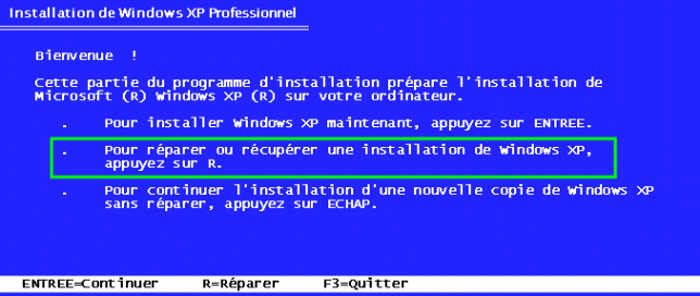 Démarrer la console de récupération avec le CD d'XP