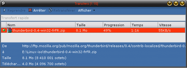 Exemple de transfert à 55Ko/s