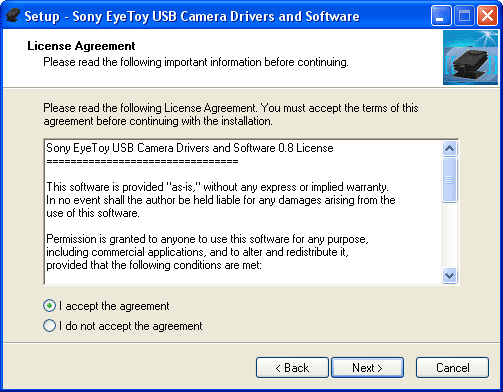 Installation EyeToy sur Windows : acceptation de la licence