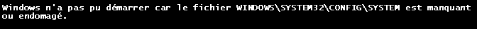 Windows n'a pas pu démarrer car le fichier WINDOWS\SYSTEM32\CONFIG\SYSTEM est manquant ou endomagé.