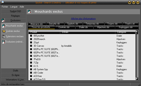 Mouchards exclus de Spybot-Search & Destroy