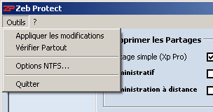Menu Outils de Zeb Protect