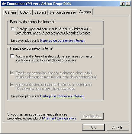 Connexion VPN : onglet Avancé