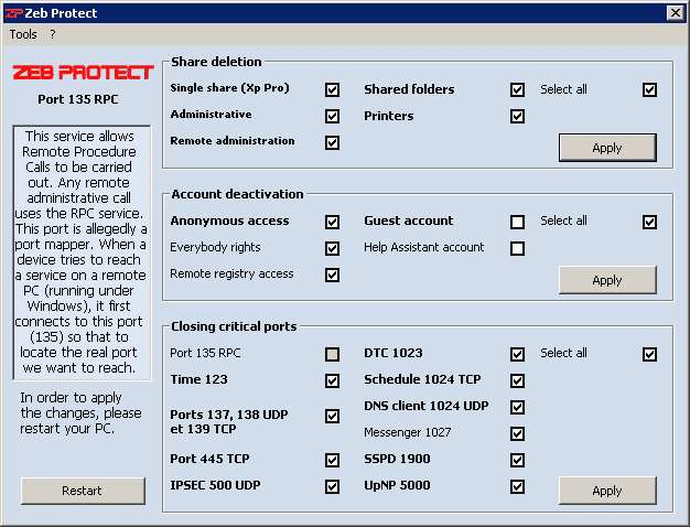 Main tab in Zeb Protect