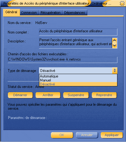 Propriétés d'un service Windows