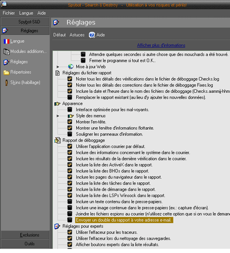 Réglages globaux de Spybot-Search & Destroy