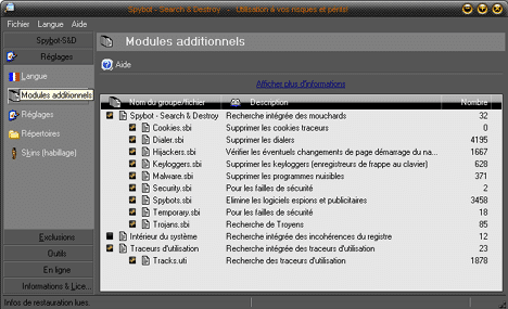 Réglages modules additionnels de Spybot-Search & Destroy