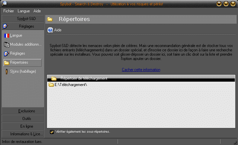Réglages répertoires de Spybot-Search & Destroy