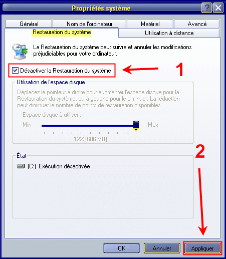 Désactiver la restauration système