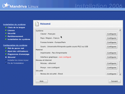 Résumé de l'installation Mandrakelinux