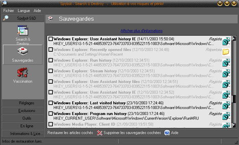 Sauvegardes de Spybot-Search & Destroy