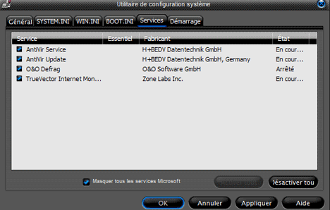 Onglet Services de msconfig