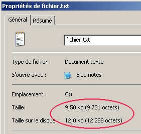 Taille du fichier sur le disque plus grande que la taille réelle