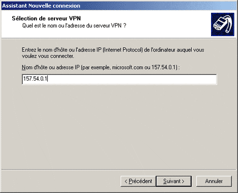 Saisir l'adresse IP du VPN serveur