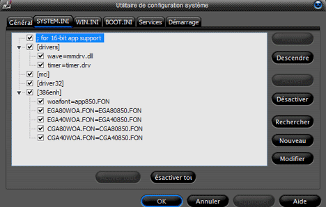 Onglet SYSTEM.INI de msconfig