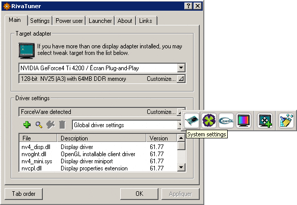 System settings avec RivaTuner