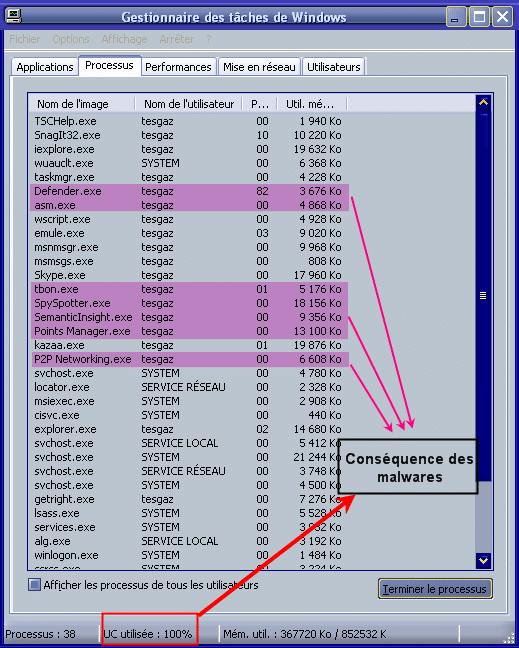 Observation des malwares dans le gestionnaire des tâches