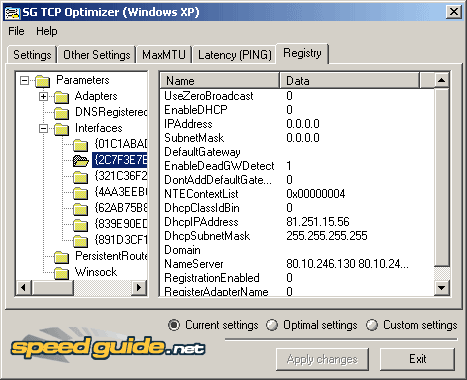 Base de registre dans TCP Optimizer