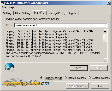 Onglet MaxMTU de TCP Optimizer