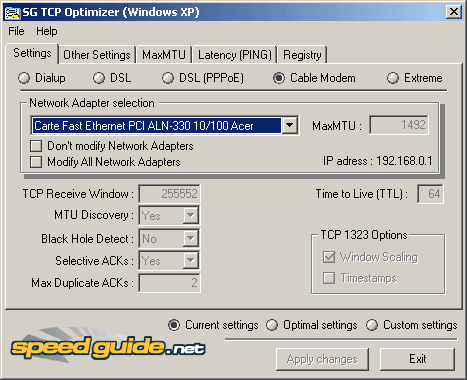 Paramètres de TCP Optimizer