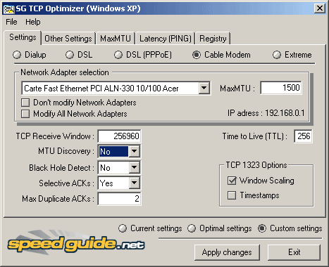 Paramètres personnels dans TCP Optimizer