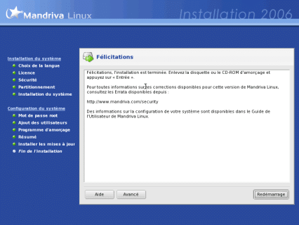 Fin de l'installation de Mandrake linux