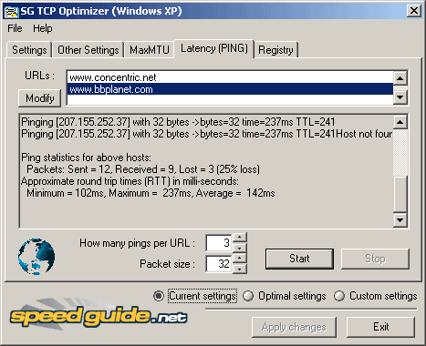 Ping dans TCP Optimizer