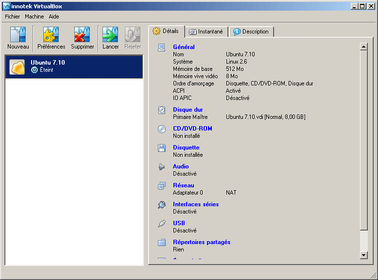 Interface principale de VirtualBox