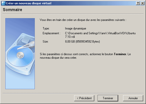 Récapitulatif du disque virtuel