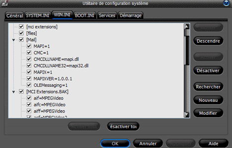 Onglet WIN.INI de msconfig