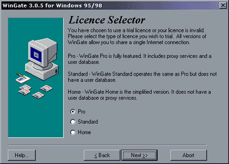 Choix du type d'installation de Wingate