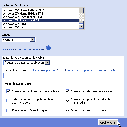 Choix du système d'exploitation pour Windows Update