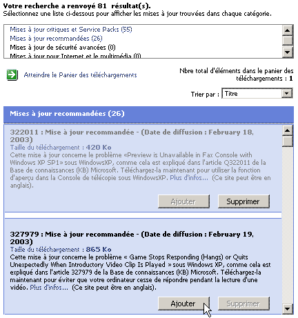 Choix de la catégorie des mises à jours dans Windows Update
