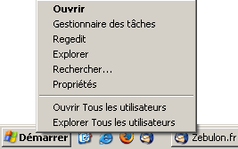 Menu contextuel du bouton Démarrer